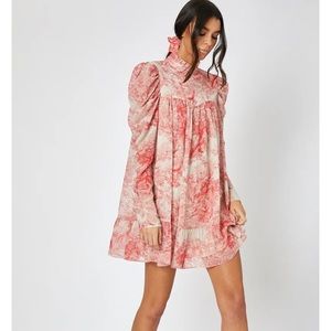 High neck flows cream and red chinoiserie dress